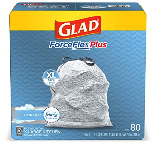 GLAD ForceFlexPlus XL X-Large Kitchen Drawstring Trash Bags - 20 Gallon Grey Trash Bag, Fresh Clean with Febreze Freshness 80...