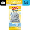 Glad ForceFlex Tall Kitchen Drawstring Trash Bags, 13 Gallon, Gain Fresh Clean with Febreze Freshness, 40 Count