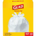 Glad Tall Kitchen Quick-Tie Trash Bags, 13 Gallon, White, 68 Count