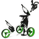 Goplus Folding 3 Wheels Golf Push Cart W/Seat Scoreboard Adjustable Handle Green