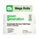 Green Generation Sustainable Bamboo Toilet Paper (12 Mega Rolls, 3-Ply 300 Sheets/Roll, Compostable Packaging)