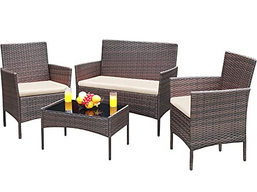 Greesum Patio Furniture 4 Pieces Conversation Sets Outdoor Wickerr Rattan Chairs Garden Backyard Balcony Porch Poolside loveseat with Soft Cushion...