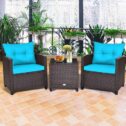 Gymax 3 Pieces Outdoor Patio Rattan Conversation Set with Coffee Table Turquoise Cushion