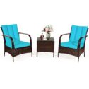 Gymax 3 Pieces Patio Rattan Conversation Set Outdoor Furniture with Turquoise Cushion