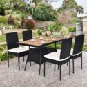 Gymax 5 Pieces Rattan Patio Dining Set Outdoor with Cushion Wooden Tabletop 4 Chairs
