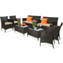 Gymax 8PCS Patio Garden Rattan Furniture Set Coffee Table Cushioned Sofa Brown