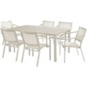 Hanover Morrison 7-Piece Outdoor Costal Dining Set with 6 Aluminum Sling Chairs and Slat Top 66