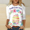 Happy Easter Shirt for Women Bunny Eggs Easter Print Top 3:4 Sleeve Funny T-shirt Crew Neck Dressy Casual Blouse Easter...