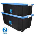 HART 50 Gallon Rolling Plastic Storage Bin Container with Pull Handle, Black with Blue Lid, Set of 2