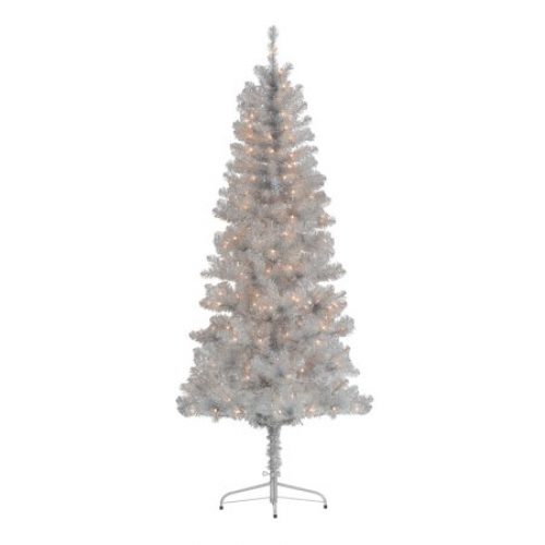 Holiday Time 6.5ft Pre-Lit Silver Tinsel Christmas Tree, Silver, 6.5', Clear