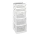 Homz® 5 Drawer Wide Tower, Plastic White Frame with Clear Drawers, Set of 1
