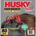 Husky Large Trash Bags, 30 Gallon, 80 Black Bags (Unscented, Tear-Resistant, Drawstring, 10% PCR)