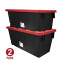 Hyper Tough - 50 Gallon Snap Lid Wheeled Plastic Storage Tote, Black Base/Red Lid, Set of 2