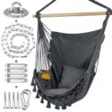 Indoor Outdoor Hammock Chair Swing with Hanging Hardware Kit - Grey, Cotton Canvas, Include Carry Bag & Two Seat Cushions
