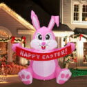 Inflatable Easter Decoration 5 Foot, Inflatables Outdoor Decorations Cute Rabbit Blow up Decorations Outdoor, Lighted Bunny Hold Happy Easter Banner,...