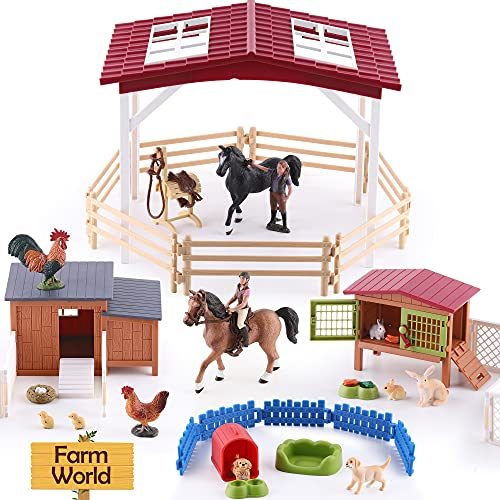 iPlay, iLearn Farm Animal House Easter Toys, Kids Barn Set, Farmhouse Country Playset W/ Horse Stable, Barnyard Toy Figures Bunny...