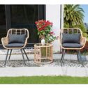 JOIVI 3-Piece Patio Set, Outdoor Wicker Conversation Bistro Sets for Porch, Backyard with Round Glass Top Coffee Table, Cushions and...