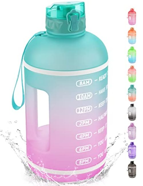 KEEPTO 1 Gallon Water Bottle with Straw-Motivational Water Jug with Time Marker,Turquoise/Violet Ombre