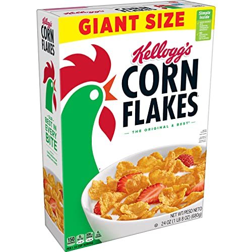 Kellogg’s Corn Flakes Breakfast Cereal, 8 Vitamins and Minerals, Healthy Snacks, Giant Size, Original, 24oz Box (1 Box)