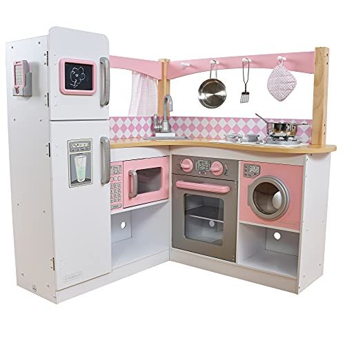 KidKraft Grand Gourmet Corner Wooden Play Kitchen with Washer, Chalkboard, Curtains and 4 Accessories, Gift for Ages 3+