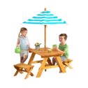 KidKraft Outdoor Wooden Table & Bench Set, Striped Umbrella, Kid's Furniture, Turquoise and White