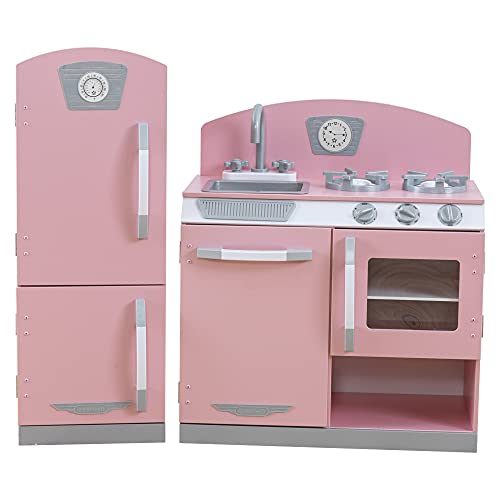 KidKraft Retro Wooden Play Kitchen and Refrigerator 2-Piece Set with Faucet, Sink, Burners and Working Knobs, Pink, Gift for Ages...