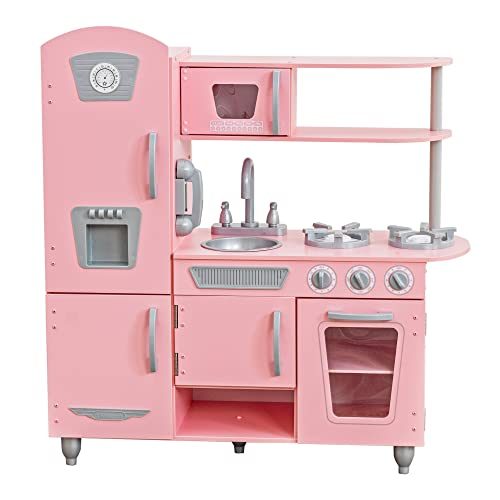 KidKraft Vintage Wooden Play Kitchen with Pretend Ice Maker and Play Phone, Pink, Gift for Ages 3+
