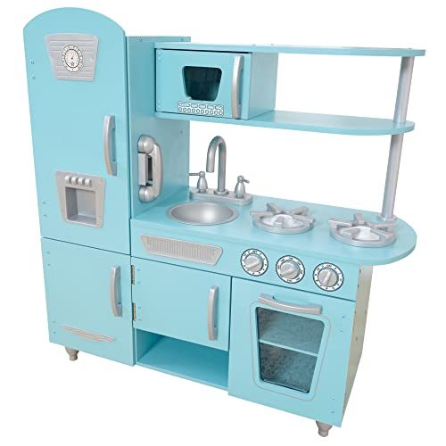KidKraft Vintage Wooden Play Kitchen with Pretend Ice Maker and Play Phone, Blue, Gift for Ages 3+, Amazon Exclusive