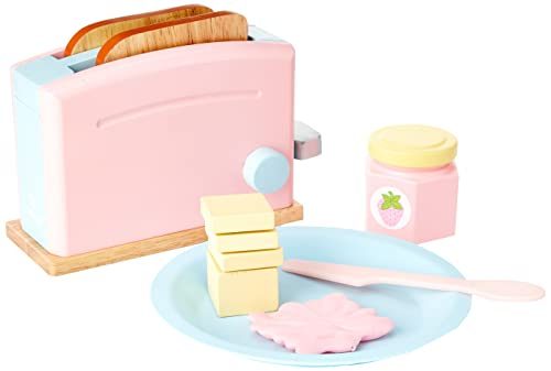 KidKraft Wooden Toaster Playset with 8 Pieces and Working Handle, Play Kitchen Toy - Pastel, Gift for Ages 3+