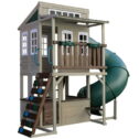 KidKraft Cozy Escape Wooden Outdoor Two-Story Playhouse with Slide, Kitchen, Rock Wall and Bench