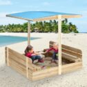 KINGSO Kids Sandbox with Cover Wooden Outdoor Sandbox with Canopy, with 2 Bench Seats, Sandbox with Canopy for Backyard Home...