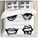 Kiss Queen Size Duvet Cover Set, Monochrome Sketch Art Style Sexy Smiling Woman Lips Tongue Face Expressions Print, Decorative 3...