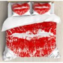 Kiss Queen Size Duvet Cover Set, Red Lipstick Mark in the Shape of a Heart Expression Passion Romance Sensuality Theme,...