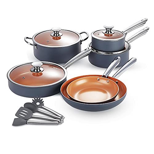 KUTIME Cookware Set 14pcs Non-Sick Pots and Pans Set Ceramic Coating Frying Pan Grill Pan Sauce Pan Stockpot with Lids,...