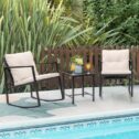 Lacoo 3 Pieces Patio Rocking Chair Outdoor Wicker Bistro Sets Modern Outdoor Rocker Furniture Sets Cushioned PE Rattan Chairs Conversation...