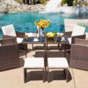 Lacoo 9 Pieces Patio Conversation Sets Wicker Rattan Dining Sets Tempered Glass Table Cushioned Chairs with Ottoman, Beige
