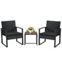Lacoo 3 Pieces Patio Conversation Set PE Rattan Bistro Chairs Set of 2 with Coffee Table, Black