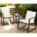 Lacoo 3 Pieces Patio Furniture Set Rocking Wicker Bistro Sets Set with Glass Coffee Table, Black