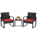 Lacoo 3 Pieces Patio Indoor Conversation Set Cushioned PE Rattan Bistro Chairs Set of 2 with Coffee Table, Black/Red