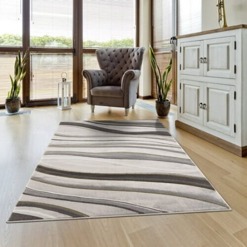 La Dole Rugs Gold Grey Ivory Abstract Spirals Waves Modern Geometric Pattern Area Rug For Living Room Bedroom Hallway Runner