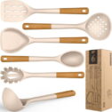 Large Silicone Cooking Utensils - Heat Resistant Kitchen Utensil Set with Wooden Handles, Spatula,Turner, Slotted Spoon, Pasta server, Kitchen Gadgets...
