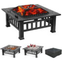 LAZY BUDDY Steel Fire Pits for Outside, 32'' Square Wood Burning Firepit Table with Mesh Lid, BBQ Net, Poker, and...