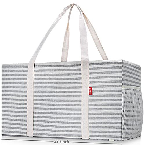 LHZK Standing Extra Large Utility Tote Bag with Metal Wire Frame and the Sides Rinforced, Large Collapsible Tote (Gray)