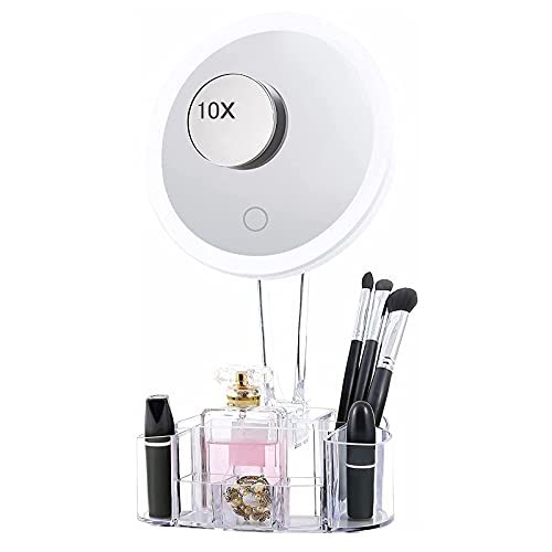 Lighted Makeup Mirror, Led Lights 10X Magnifying, Detachable Light Up Mirror 360 Degree Rotation Dimmable Portable Tabletop Illuminated Mirror (White)