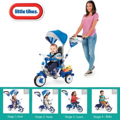 Little Tikes Perfect Fit 4-in-1 Trike in Blue, Convertible Tricycle for Toddlers with 4 Stages of Growth and Shade Canopy-...