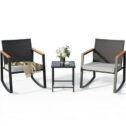 Lofka 3 Pieces Patio Rocking Chairs Set, Porch and Balcony Furniture Set with Glass Coffee Table, Gray Cushion