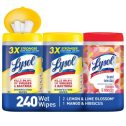 Lysol Disinfecting Wipes Multi-Pack, 2 Lemon Lime + 1 Mango Hibiscus Wet Wipes, 240 Ct