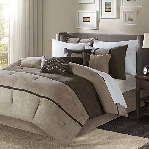 Madison Park Palisades Queen Size Bed Comforter Set Bed In A Bag - Brown, Taupe , Pieced Stripe – 7...