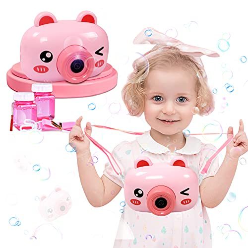 MAN NUO Bubble Machine Toys Bubbles for Toddlers Cute Pink Pig Bubble Camera Blower with 2 Bubble Solution,Music/Light/Auto Feature Gifts...