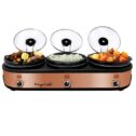 MegaChef Triple 2.5 Quart Slow Cooker and Buffet Server in Brushed Copper and Black Finish with 3 Ceramic Cooking Pots...